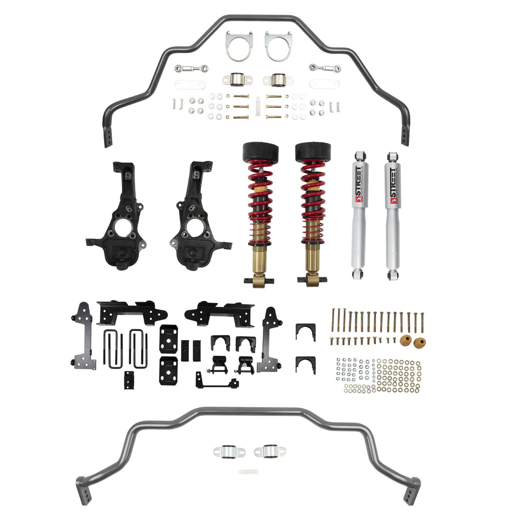 BELLTECH 1041HK PERF HANDLING KIT COMPLETE KIT INC. HEIGHT ADJUSTABLE FRONT COILOVERS & REAR SWAY BAR 2019-2023 GM SILVERADO/SIERRA 1500 4WD (ALL CABS) SHORT BED 2-4IN. F / 6IN. R