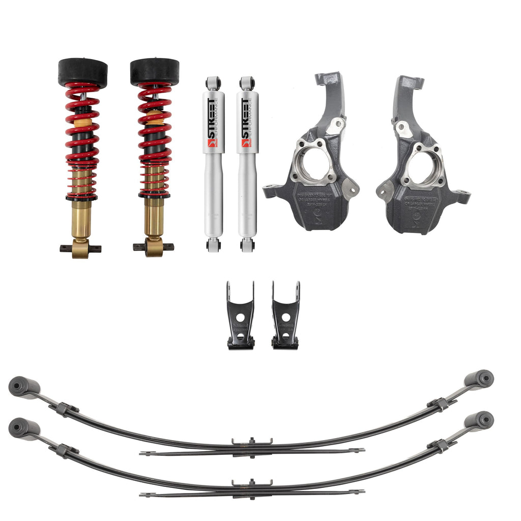 BELLTECH 350345SPC LOWERING KIT COMPLETE KIT INC. FRONT AND REAR HEIGHT ADJUSTABLE COILOVERS 2019+ Silverado/Sierra 1500 2WD/4WD 0-4IN. F / 4IN. R